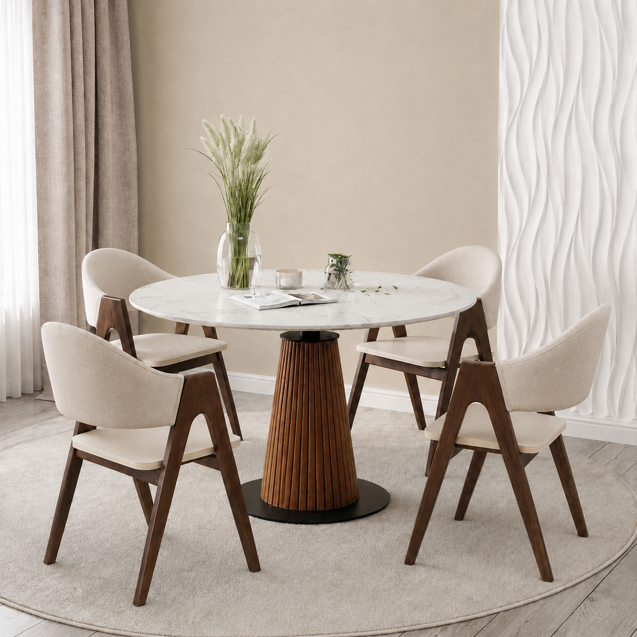 Serene Marble Top Wooden Dining Table Set