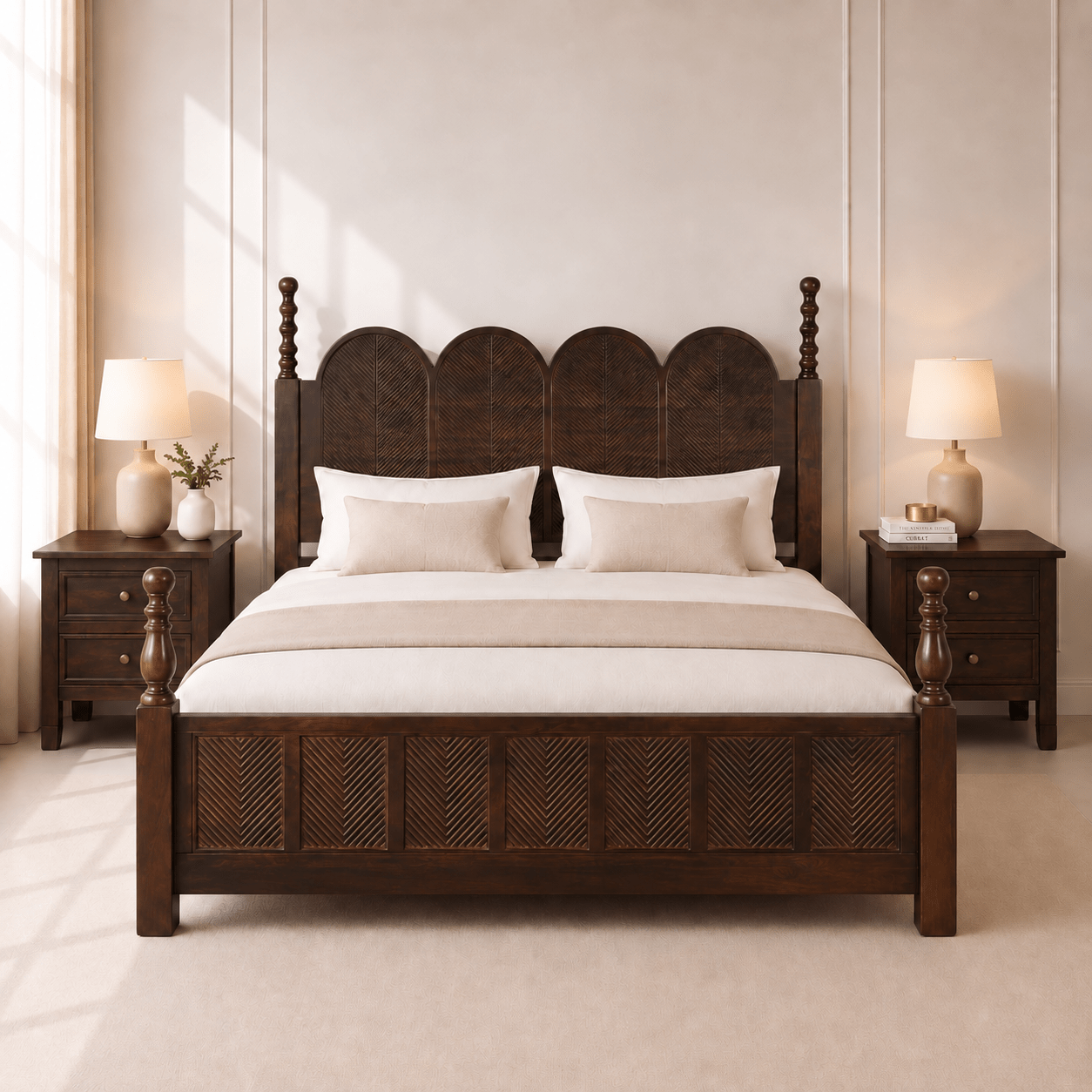 Kavya 100% Solid Wood Bed with Bedside tables - Beds - Gharaana