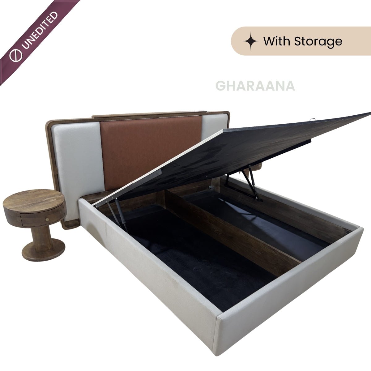 Avo 100% Solid Wood Upholstered Bed with Bedside Tables - Beds - Gharaana