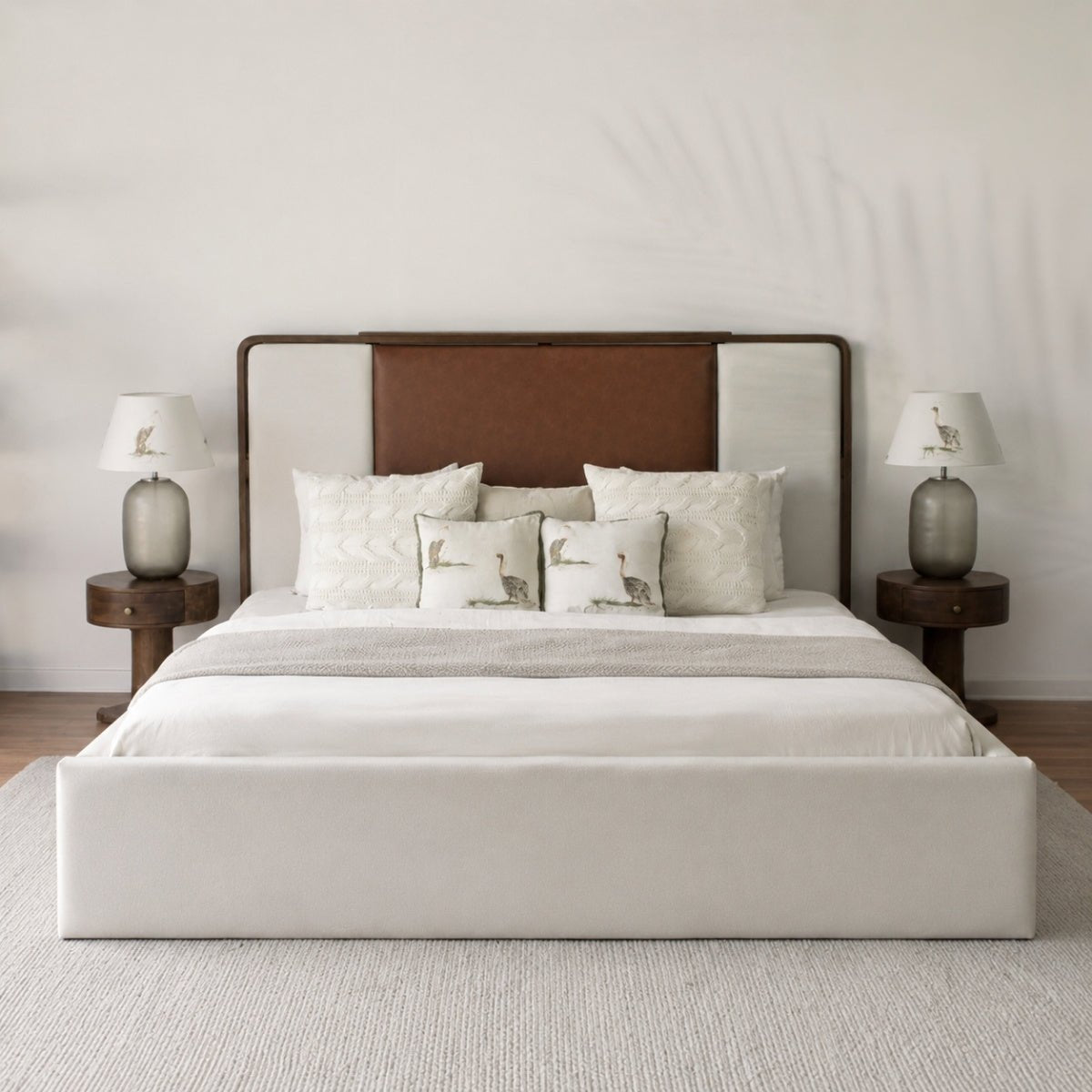 Avo 100% Solid Wood Upholstered Bed with Bedside Tables - Beds - Gharaana