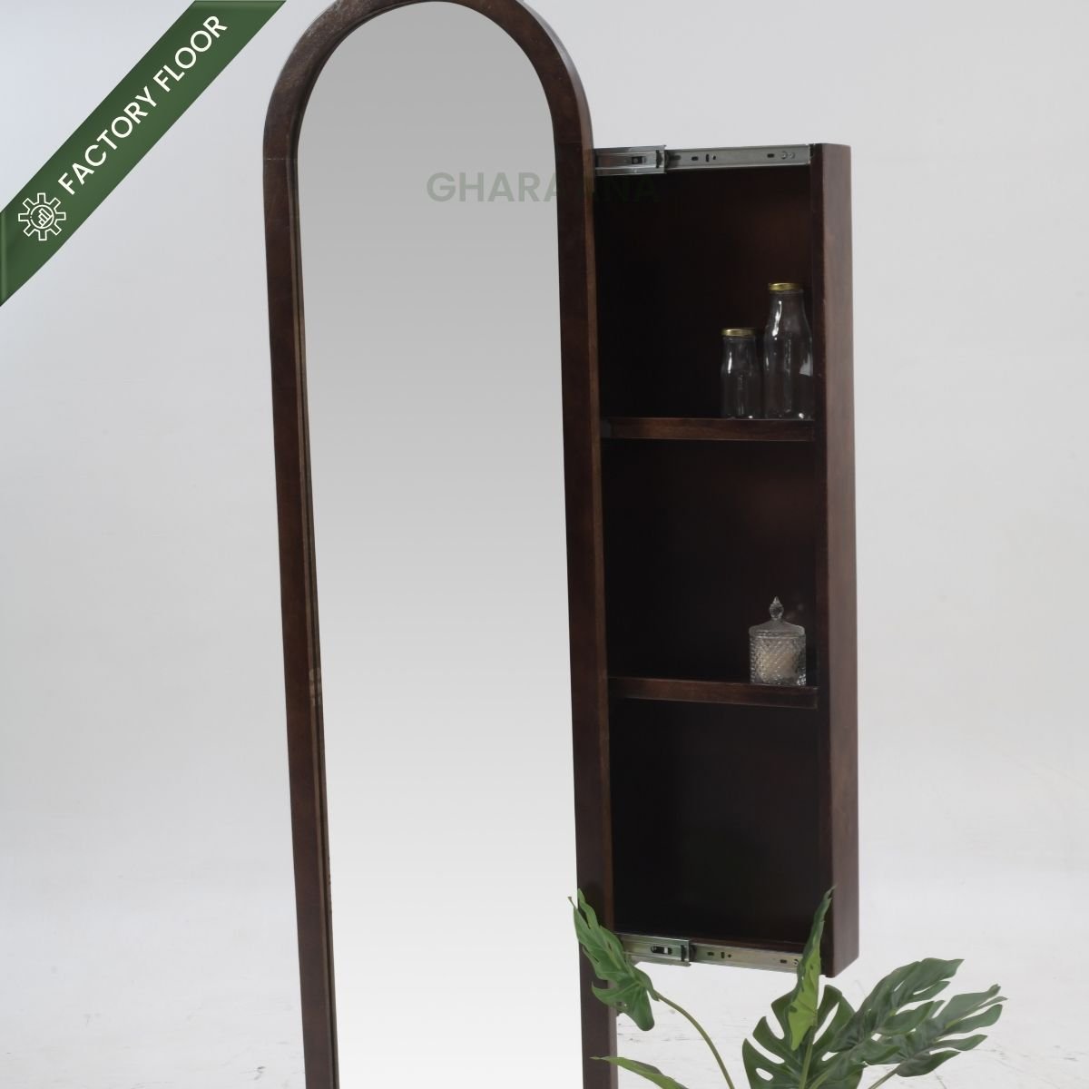 Arched Wooden Full-Length Mirror with Storage