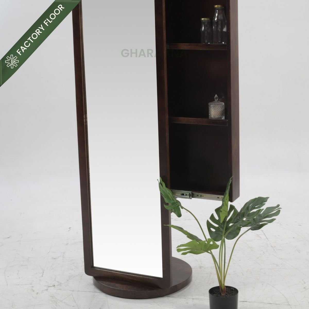 Arched Wooden Full-Length Mirror with Storage