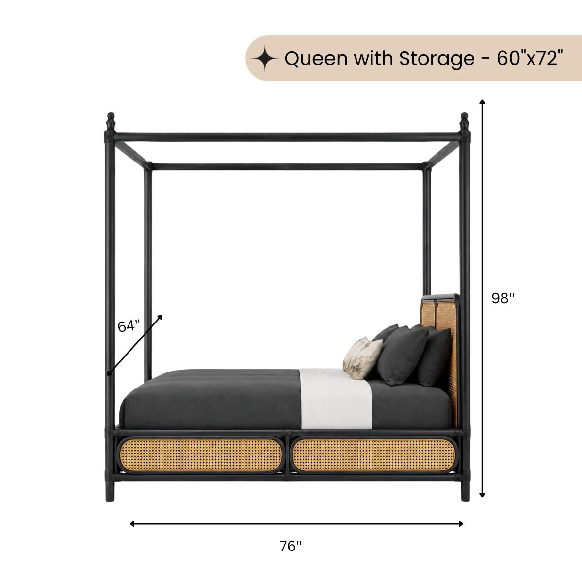 Pitalia 100% Solid Wood Cane Poster Bed - Beds - Gharaana