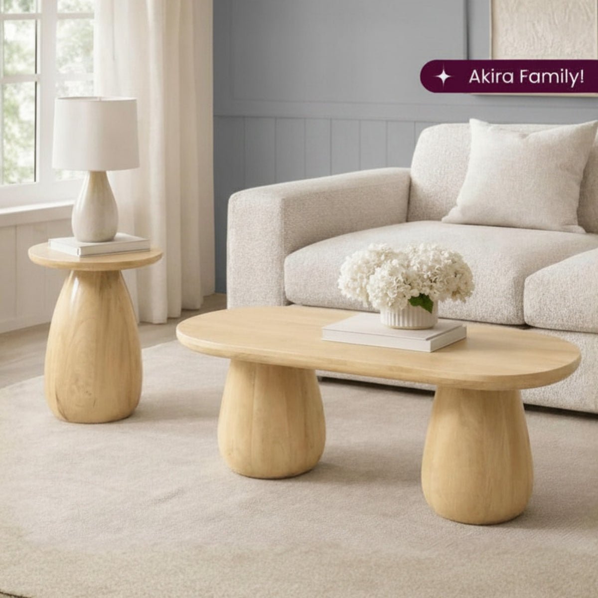 Akira Oval top Solid Wood Center Table & Side Table Combo - Centre Tables - Gharaana