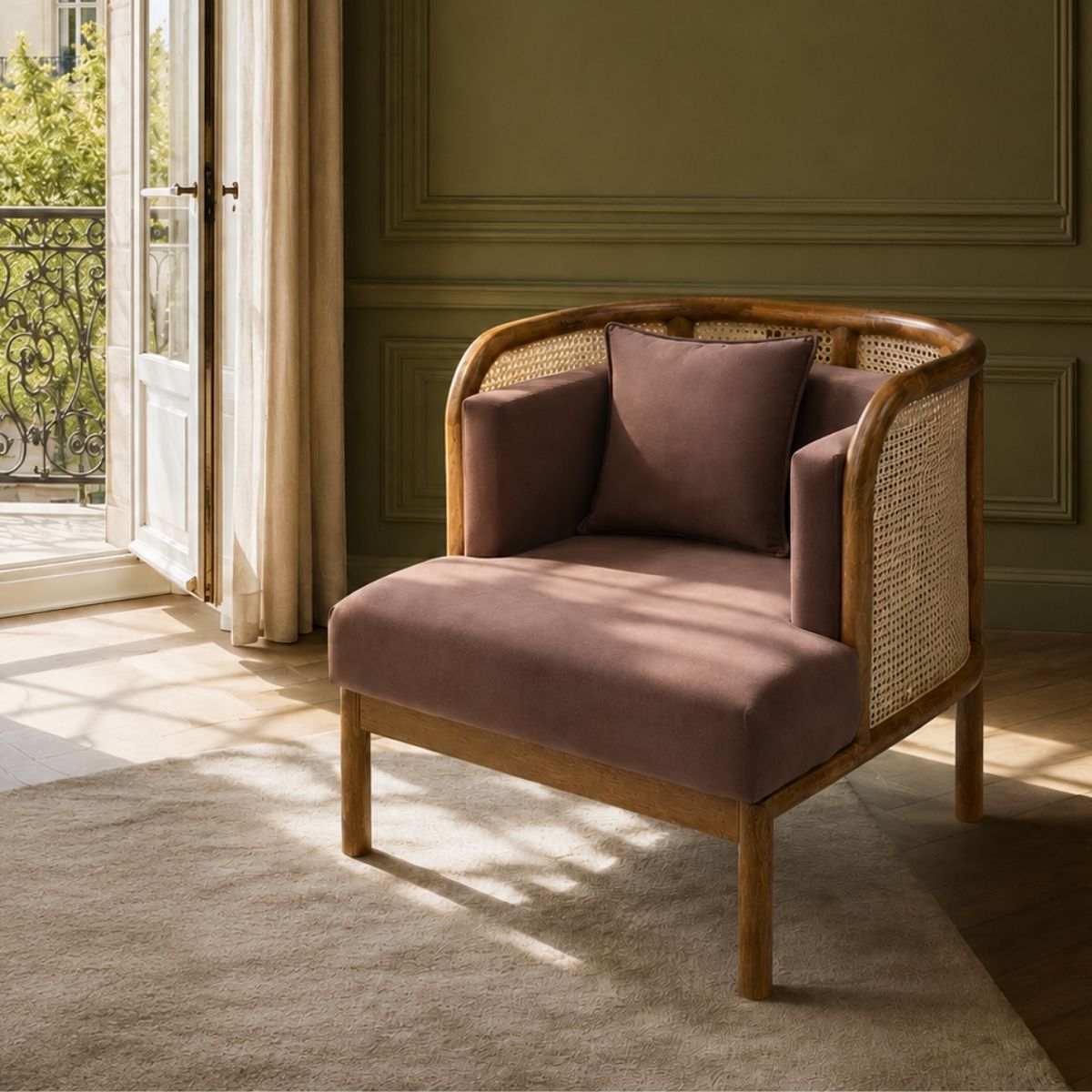 Amayah Wooden Plush Armchair - Armchairs - Gharaana