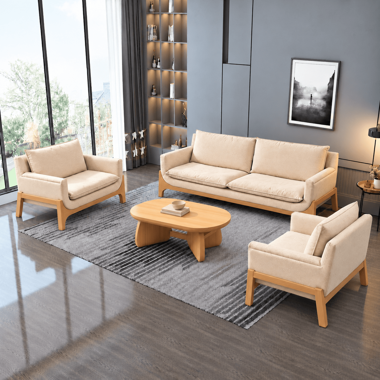Raya 3-Seater Wooden Upholstered Sofa - Sofas - Gharaana