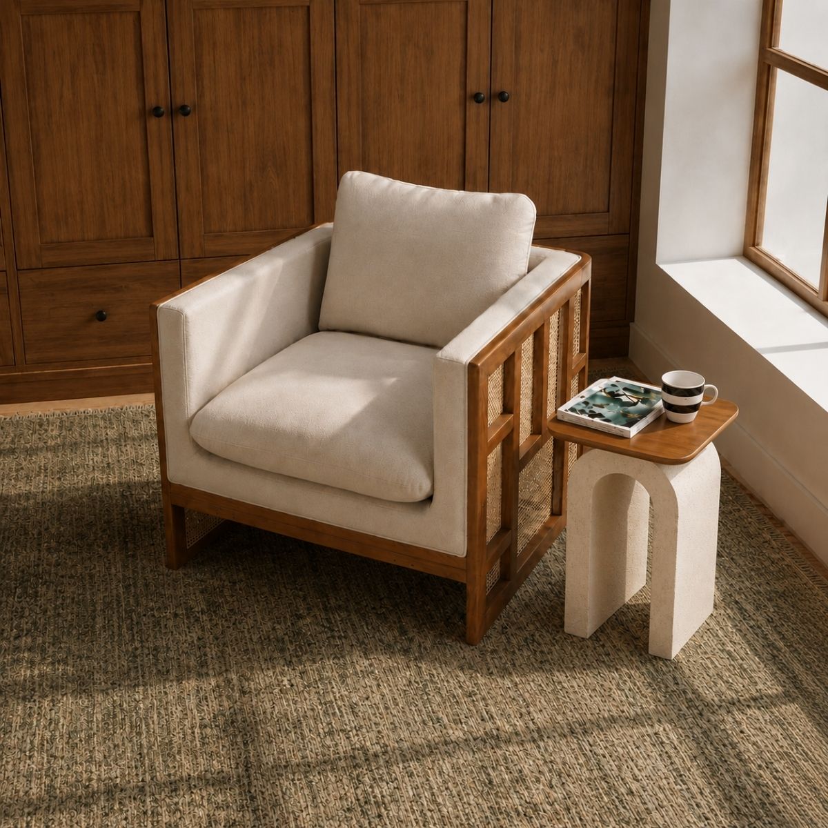 Veda Armchair with Vaayu Side Table Combo (Set of 2) - Armchairs - Gharaana