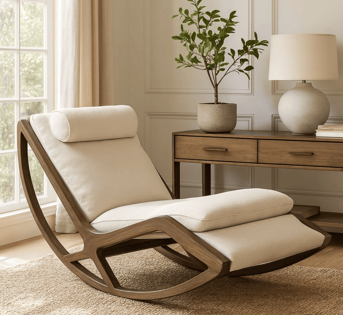 Gharaana Armchairs Snooze Wooden Plush Rocking Armchair