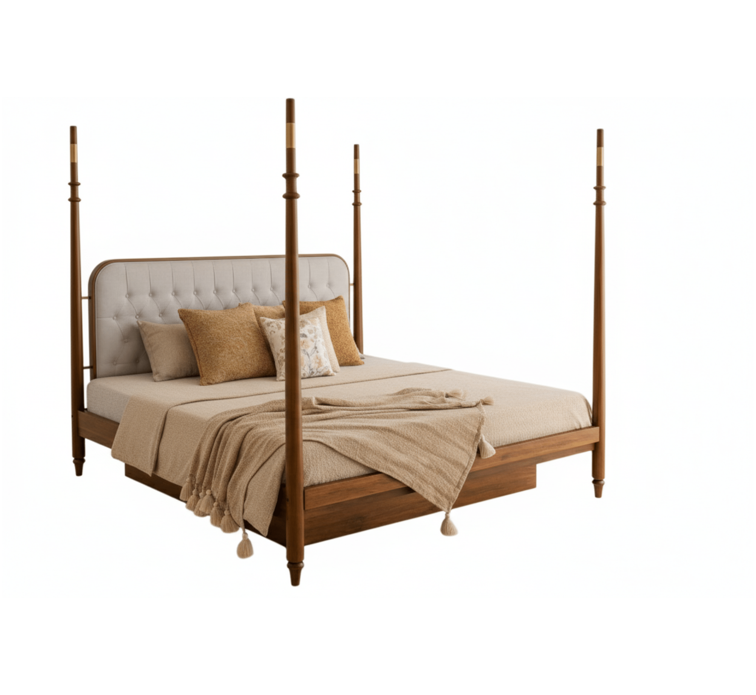 Gharaana Beds Casa 100% Solid Wood Poster Upholstered Bed