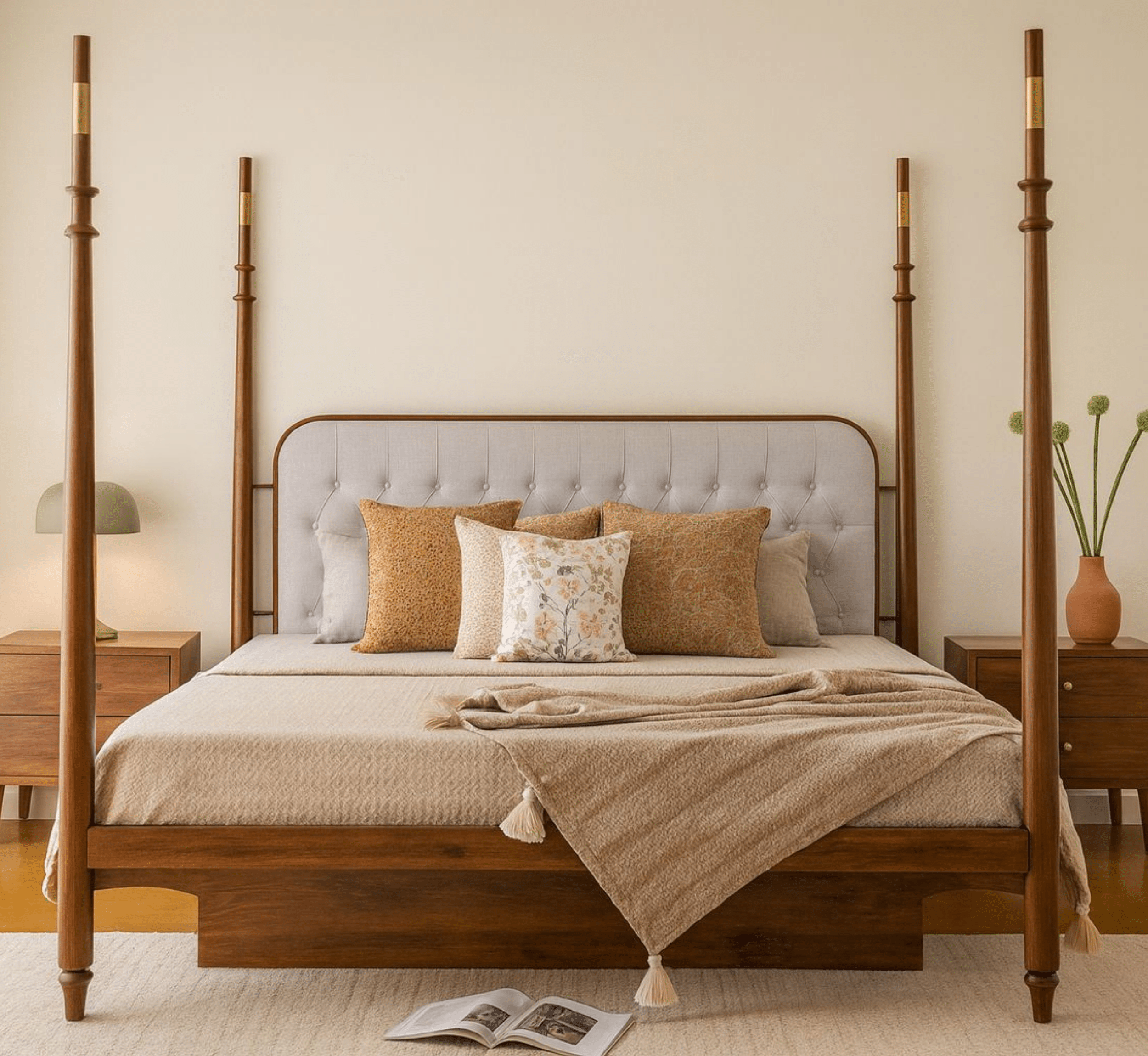 Gharaana Beds Casa 100% Solid Wood Poster Upholstered Bed