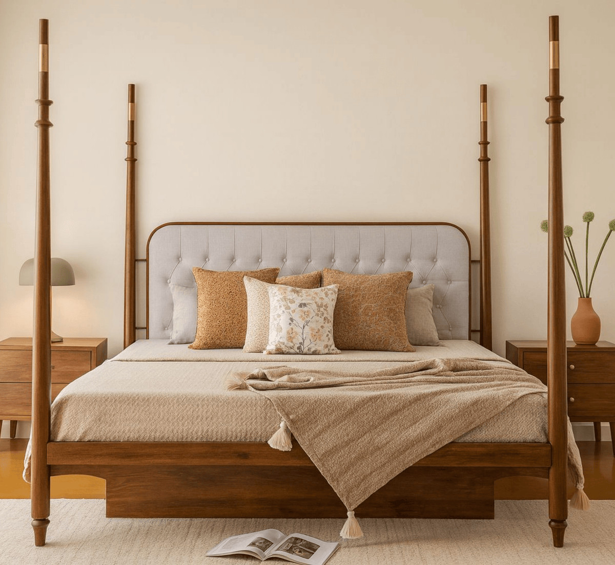 Gharaana Beds Casa 100% Solid Wood Poster Upholstered Bed