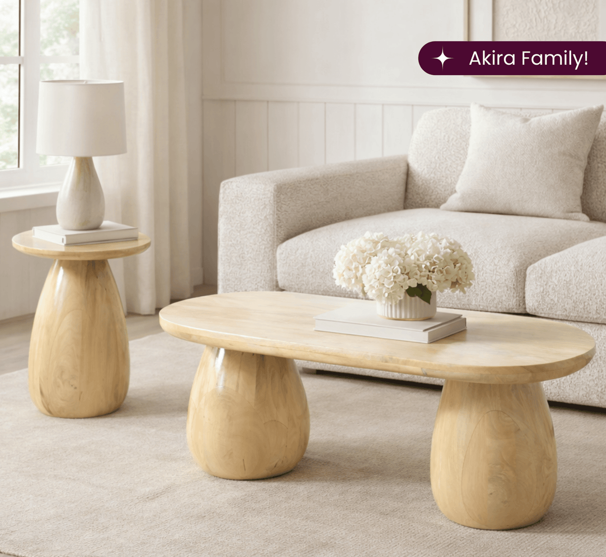 Akira Oval top Solid Wood Center Table & Side Table Combo - Centre Tables - Gharaana