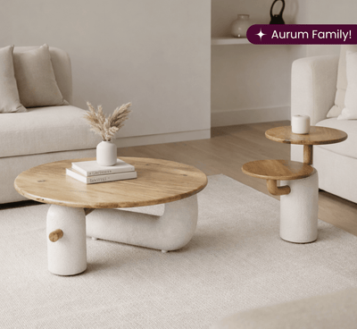 Aurum Round Stone Finish Coffee Table & Side Table Combo - Centre Tables - Gharaana