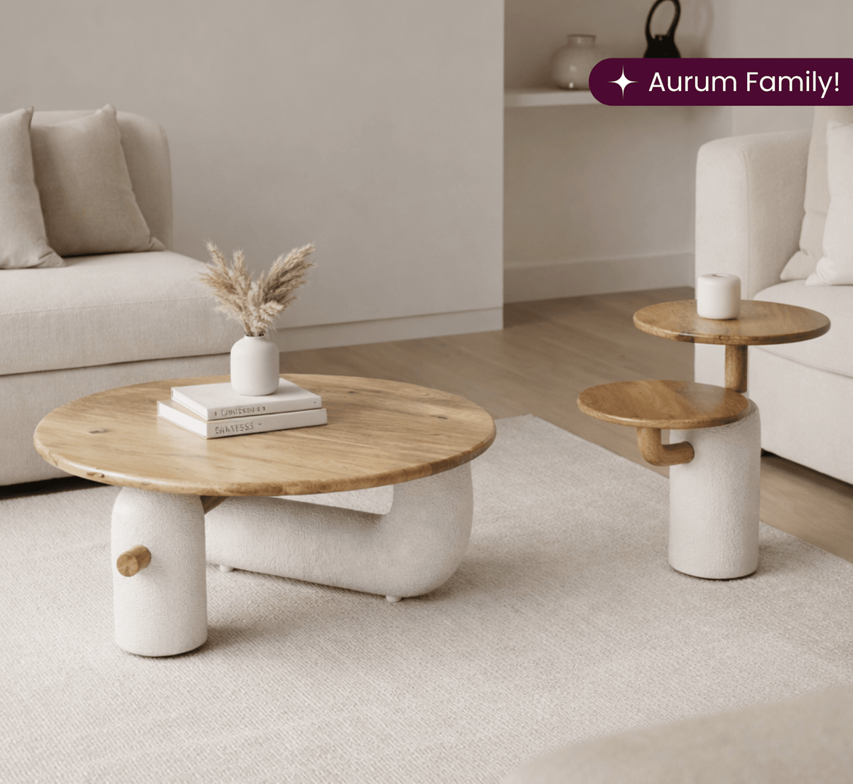 Aurum Round Stone Finish Coffee Table & Side Table Combo - Centre Tables - Gharaana