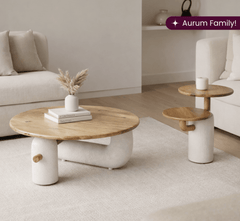 Aurum Round Stone Finish Coffee Table & Side Table Combo - Centre Tables - Gharaana