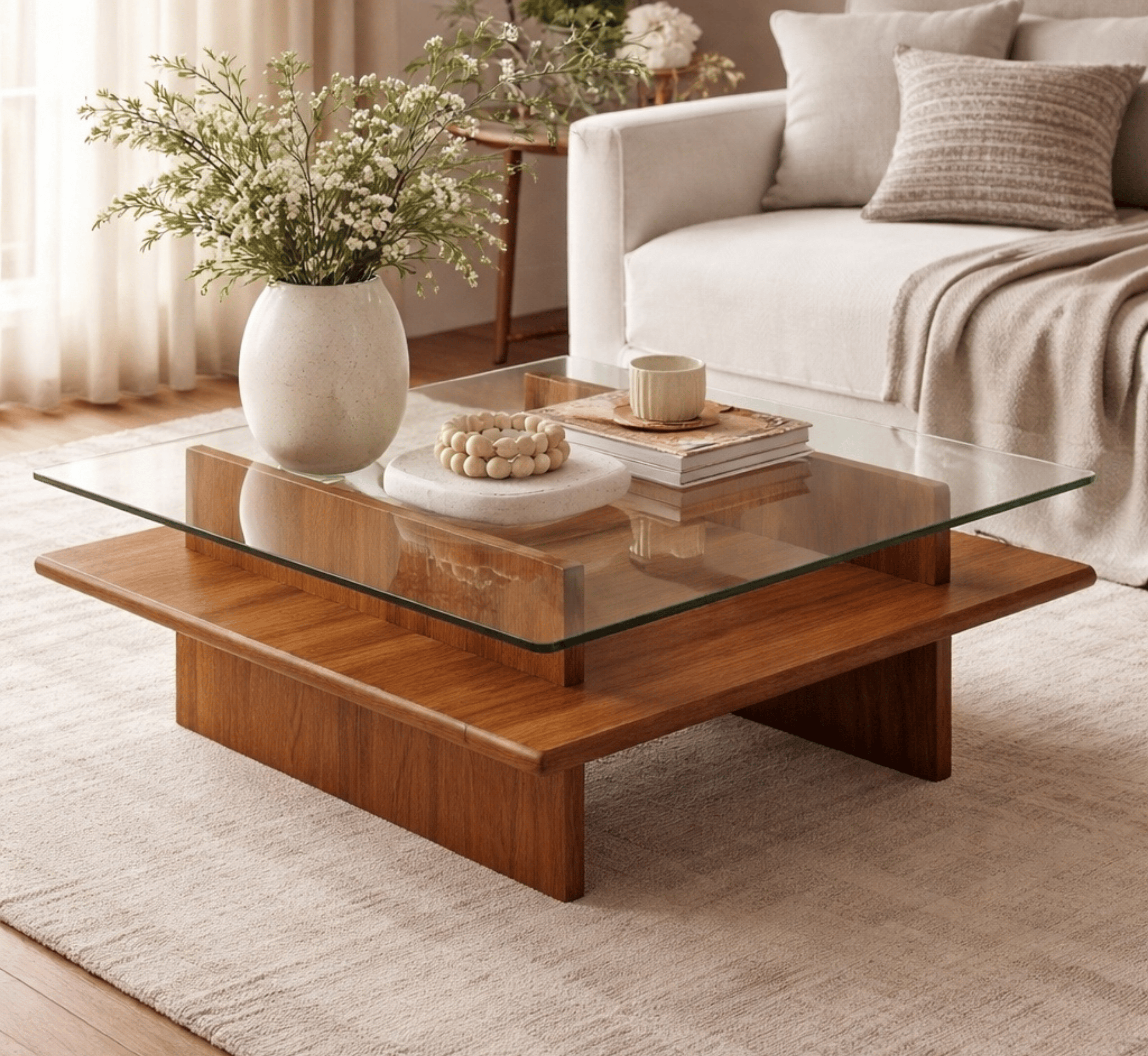 Gharaana Centre Tables Bella Glass Top Solid Wood Center Table