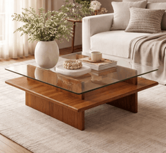 Gharaana Centre Tables Bella Glass Top Solid Wood Center Table