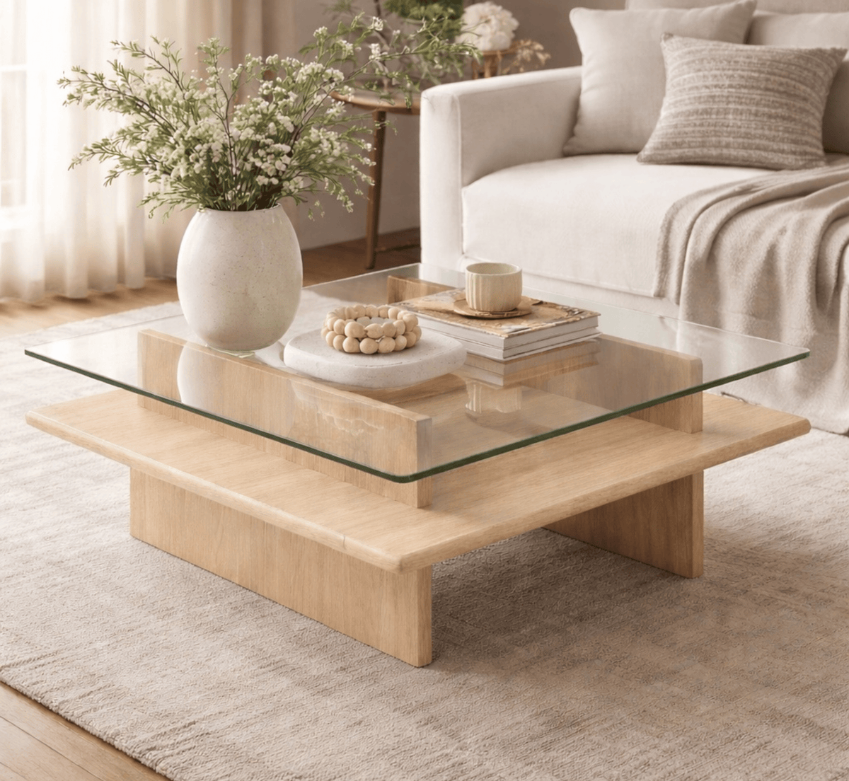 Gharaana Centre Tables Bella Glass Top Solid Wood Center Table