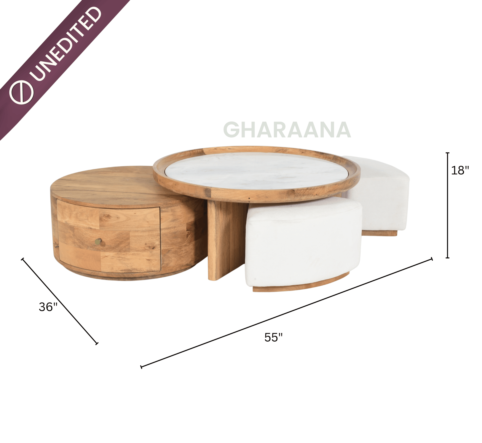 Cara Nesting Storage Solid Wood Centre Table with Seating - Centre Tables - Gharaana