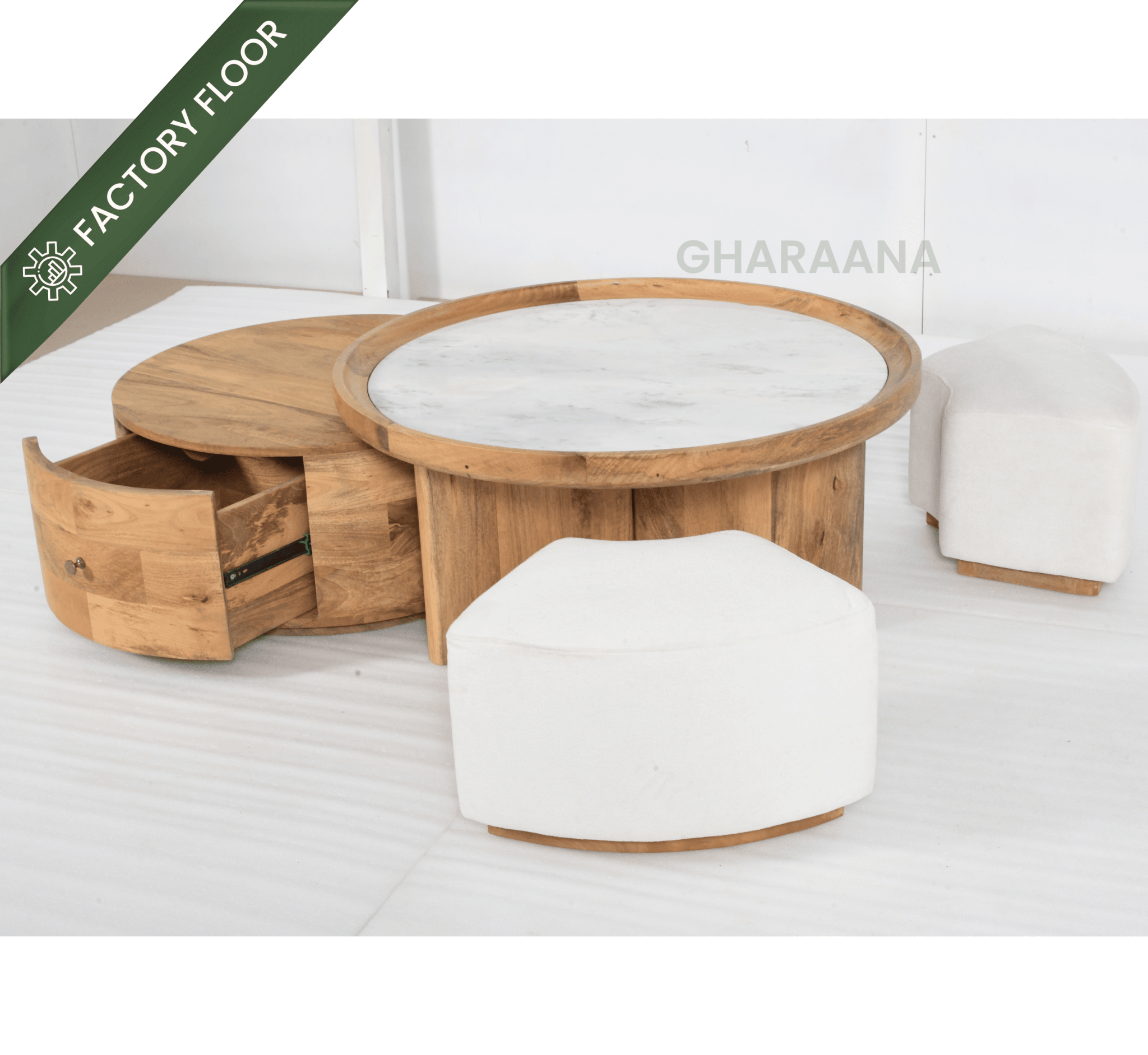 Cara Nesting Storage Solid Wood Centre Table with Seating - Centre Tables - Gharaana