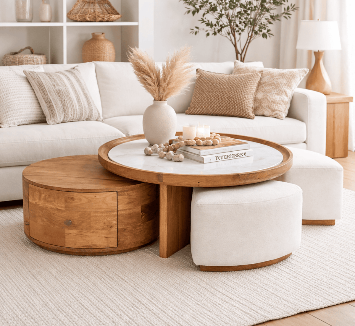 Cara Nesting Storage Solid Wood Centre Table with Seating - Centre Tables - Gharaana