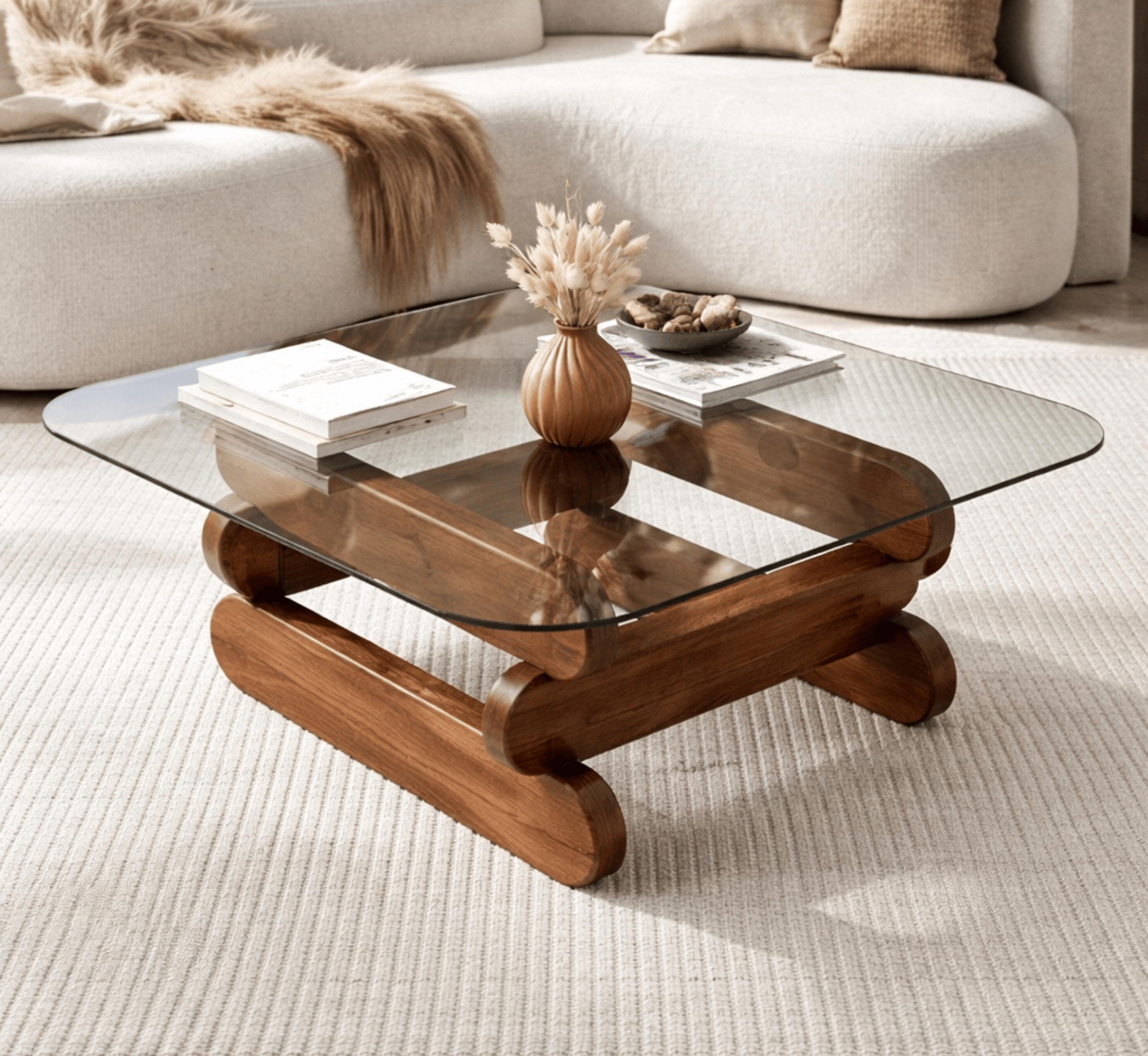 Gharaana Centre Tables Kaira Glass Top Solid Wood Center Table