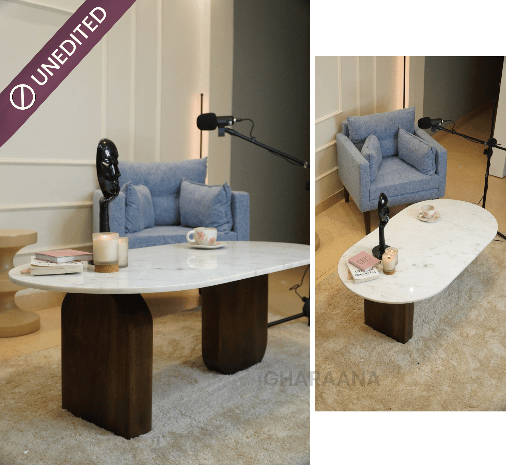 Ohana Natural Marble Minimalist Centre Table & Side Table Combo - Centre Tables - Gharaana