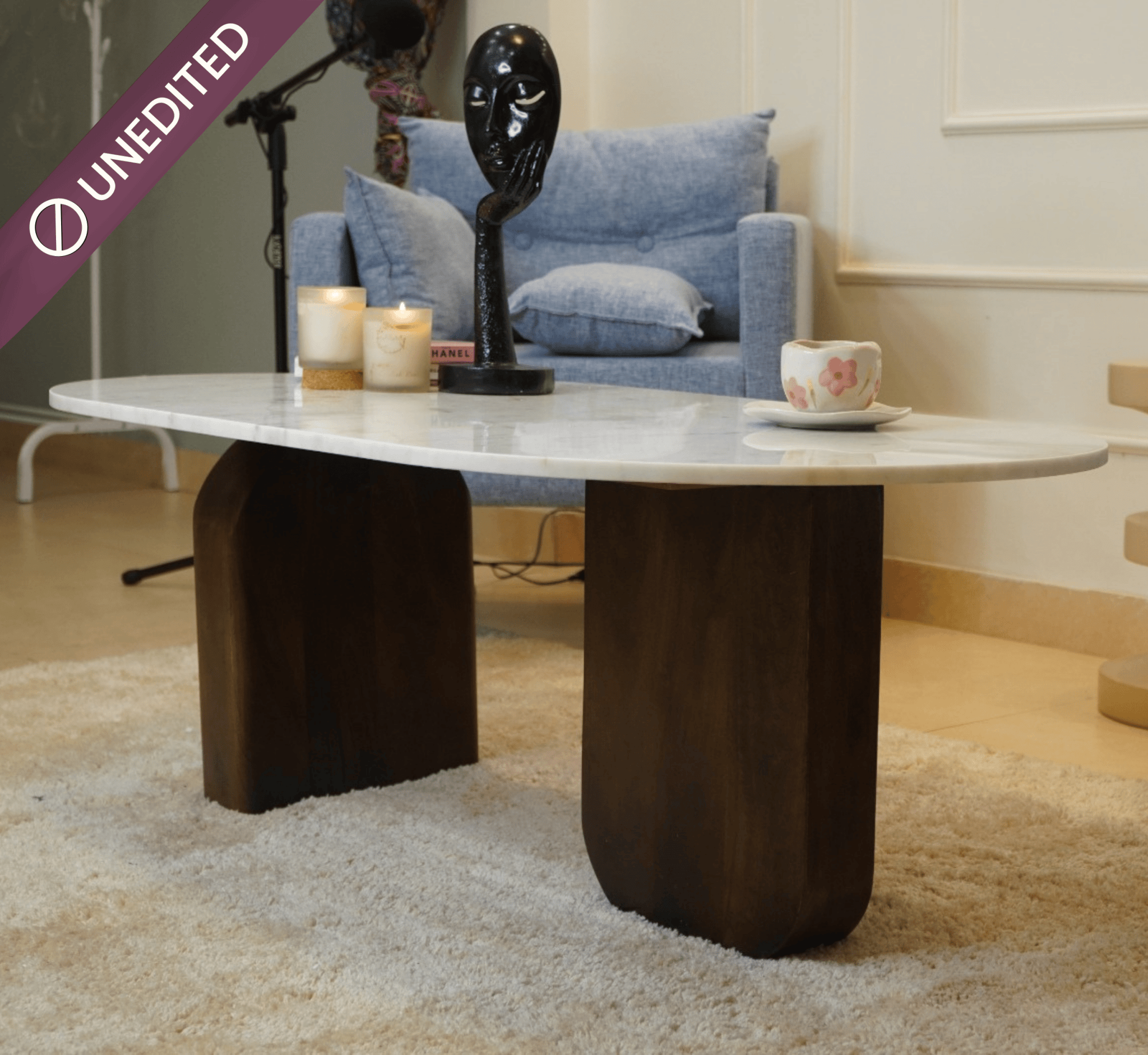 Ohana Natural Marble Minimalist Centre Table & Side Table Combo - Centre Tables - Gharaana