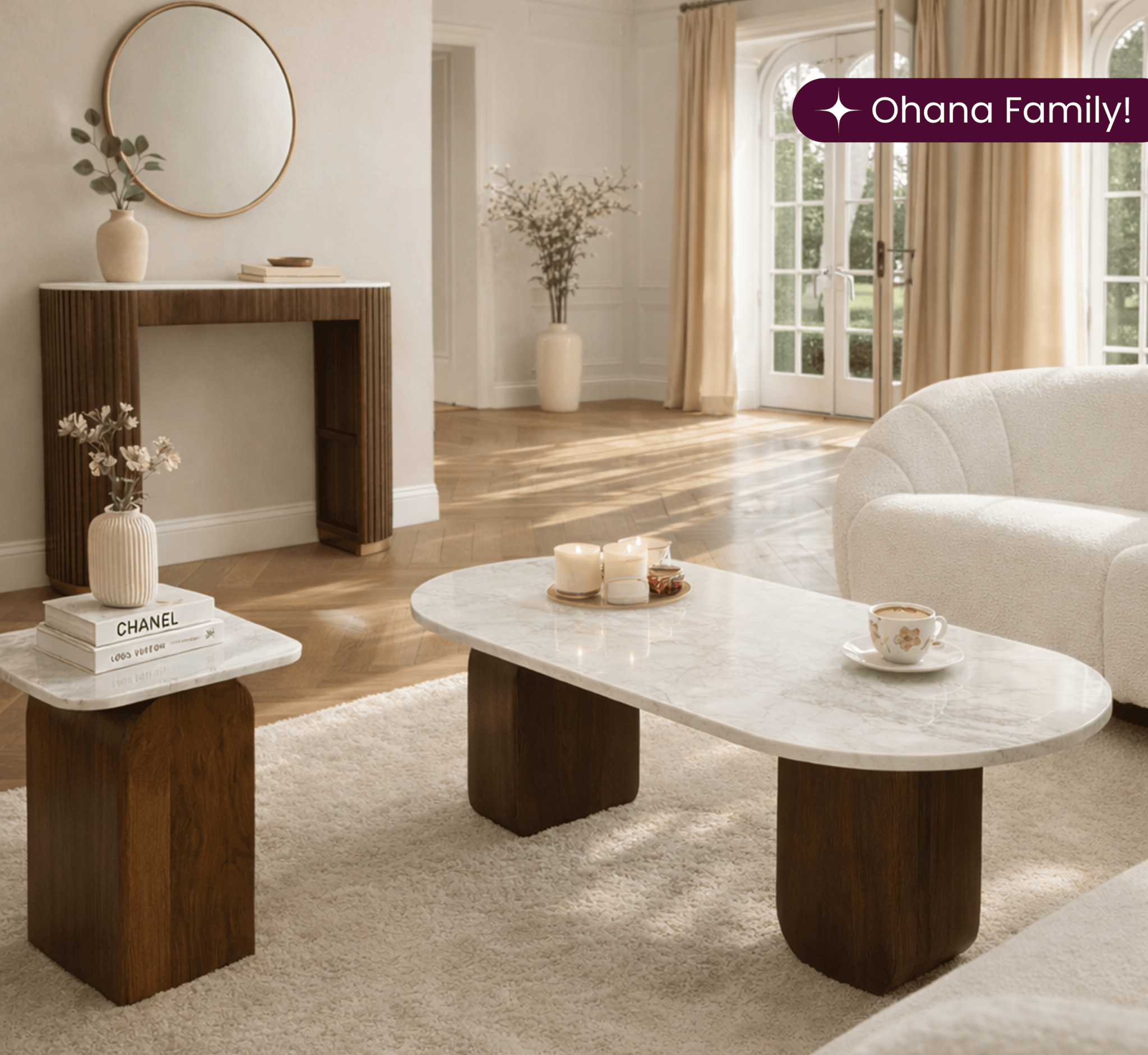 Ohana Natural Marble Minimalist Centre Table & Side Table Combo - Centre Tables - Gharaana