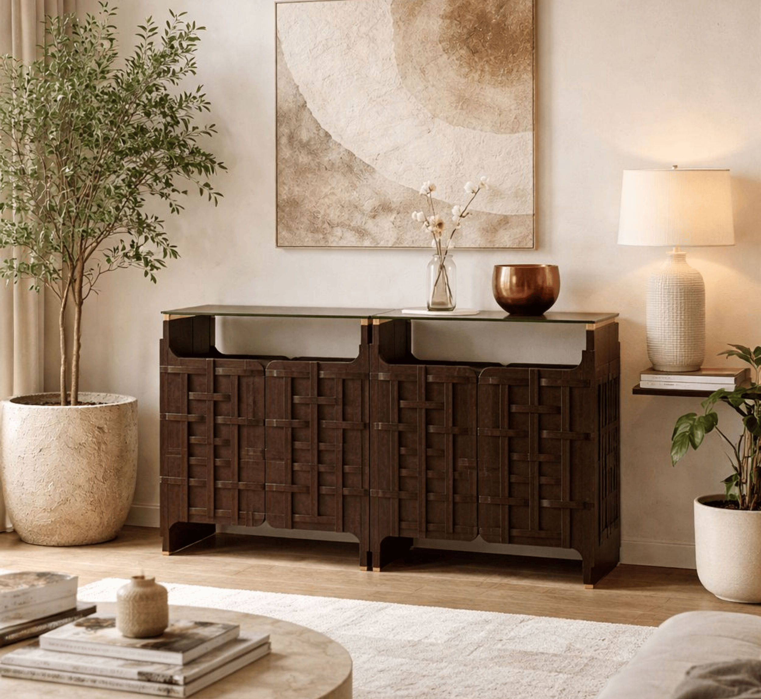 Gharaana Console Tables Rekha Wooden Glass-Top Console Table