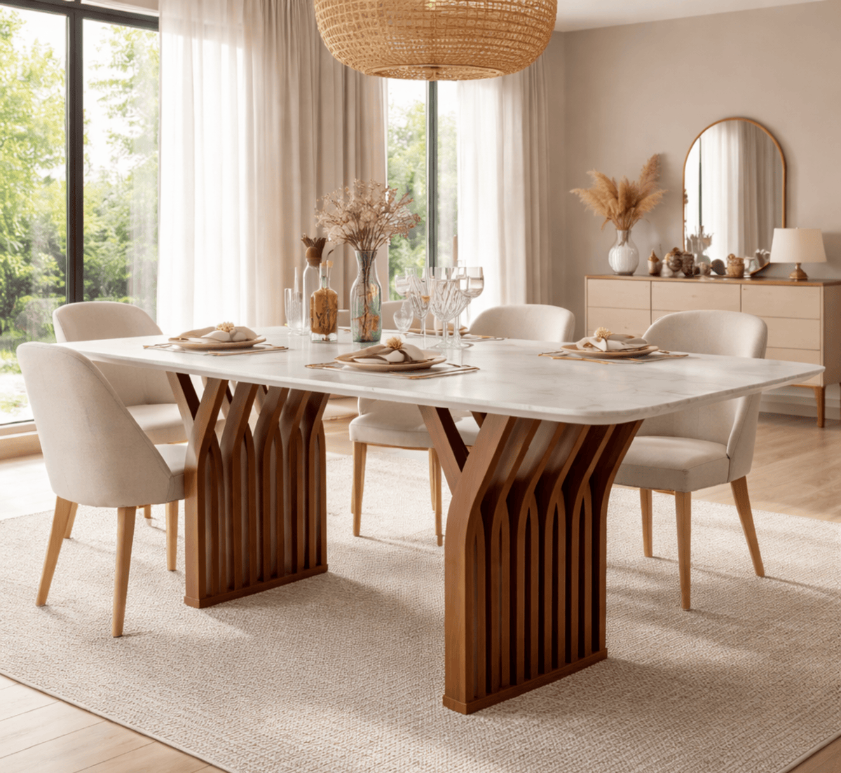 Gharaana Dining Set Verona Marble-Top Wooden Dining Table Set
