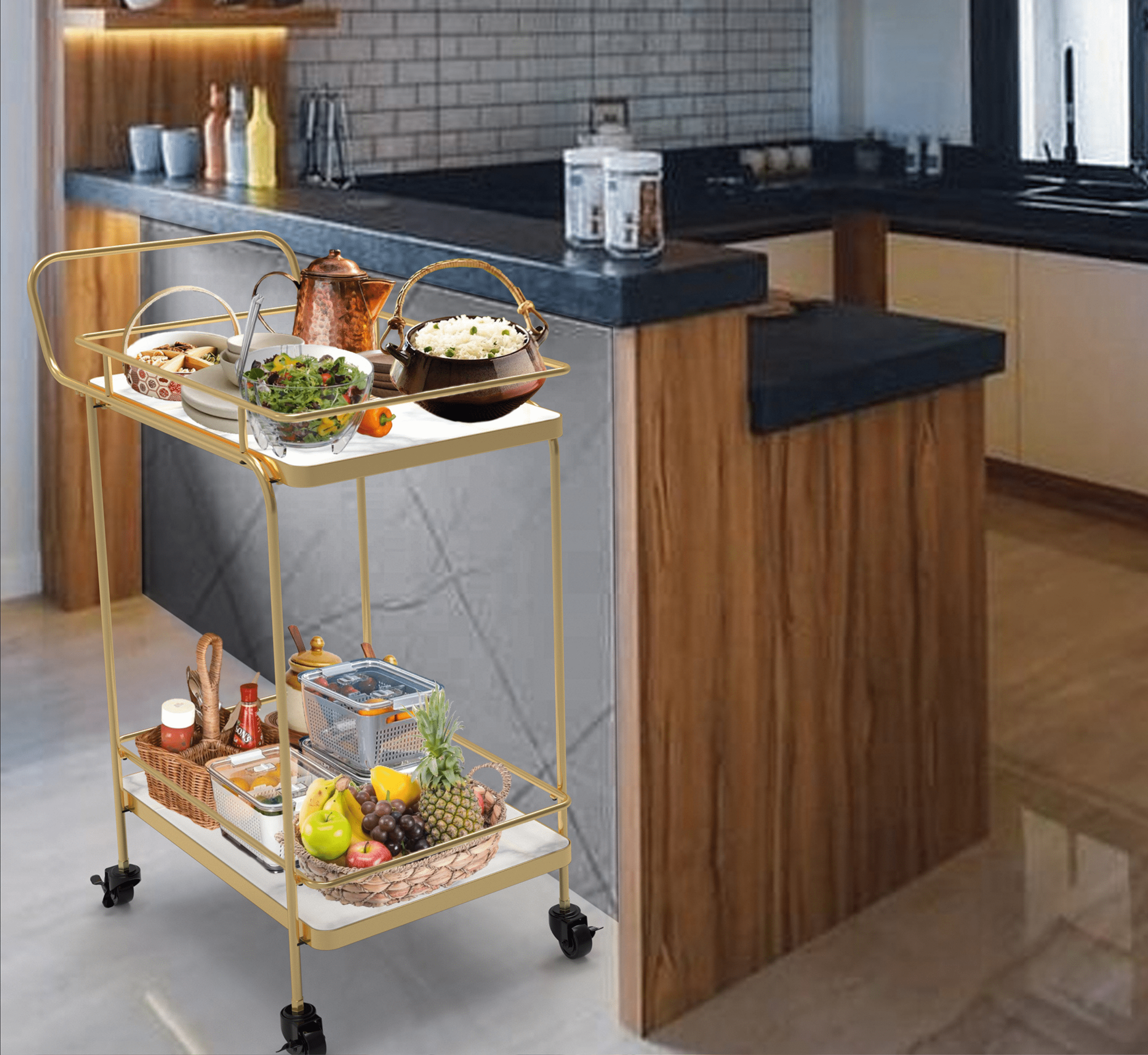 Gharaana Trolleys Panache 2-Tier White Marble Serving Trolley