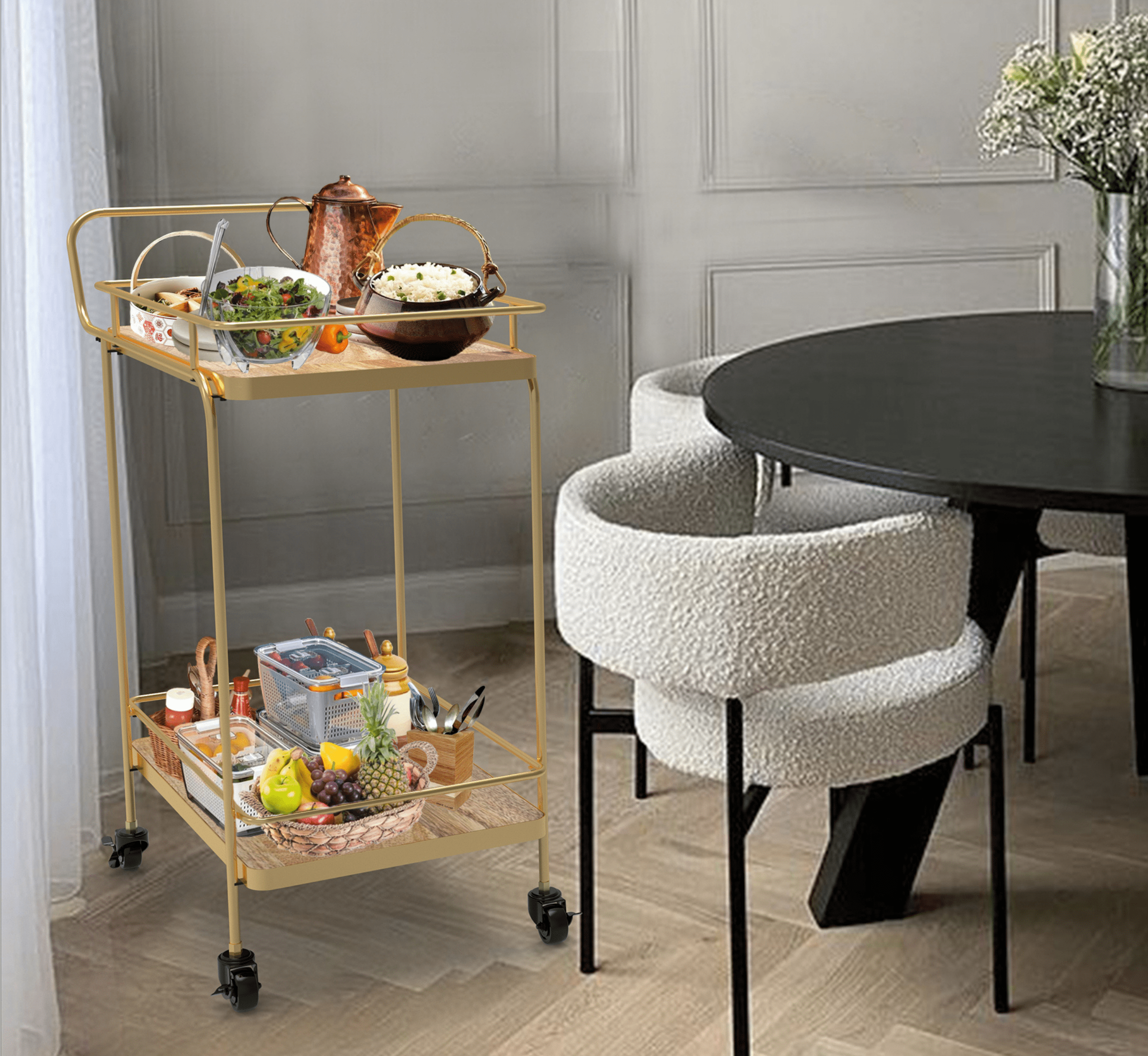 Gharaana Trolleys Panache 2-Tier Wooden Shelving Serving Trolley