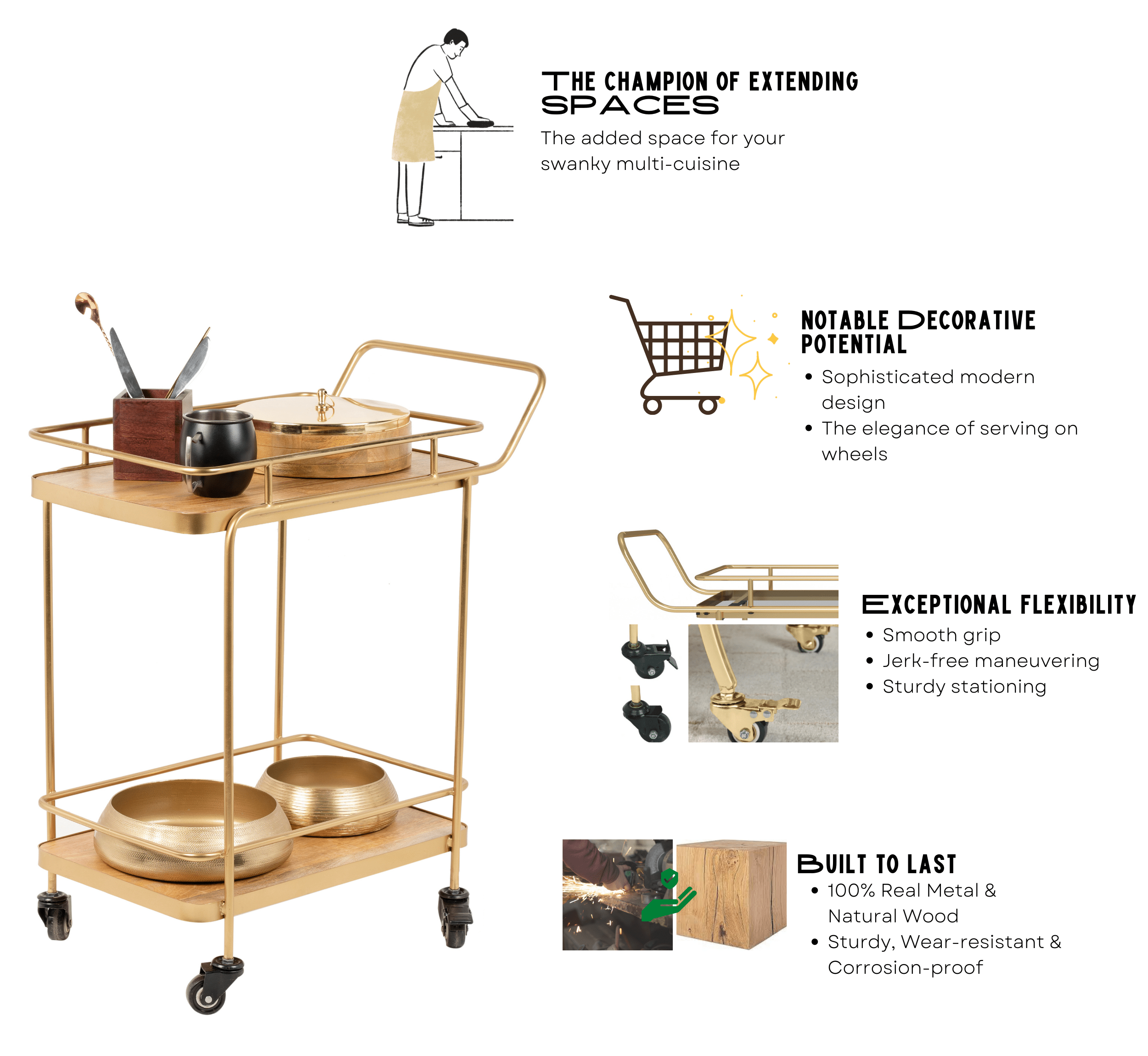 Gharaana Trolleys Panache 2-Tier Wooden Shelving Serving Trolley